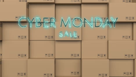 neón azul cyber lunes venta de texto banner contra la pila de cajas de entrega en el fondo