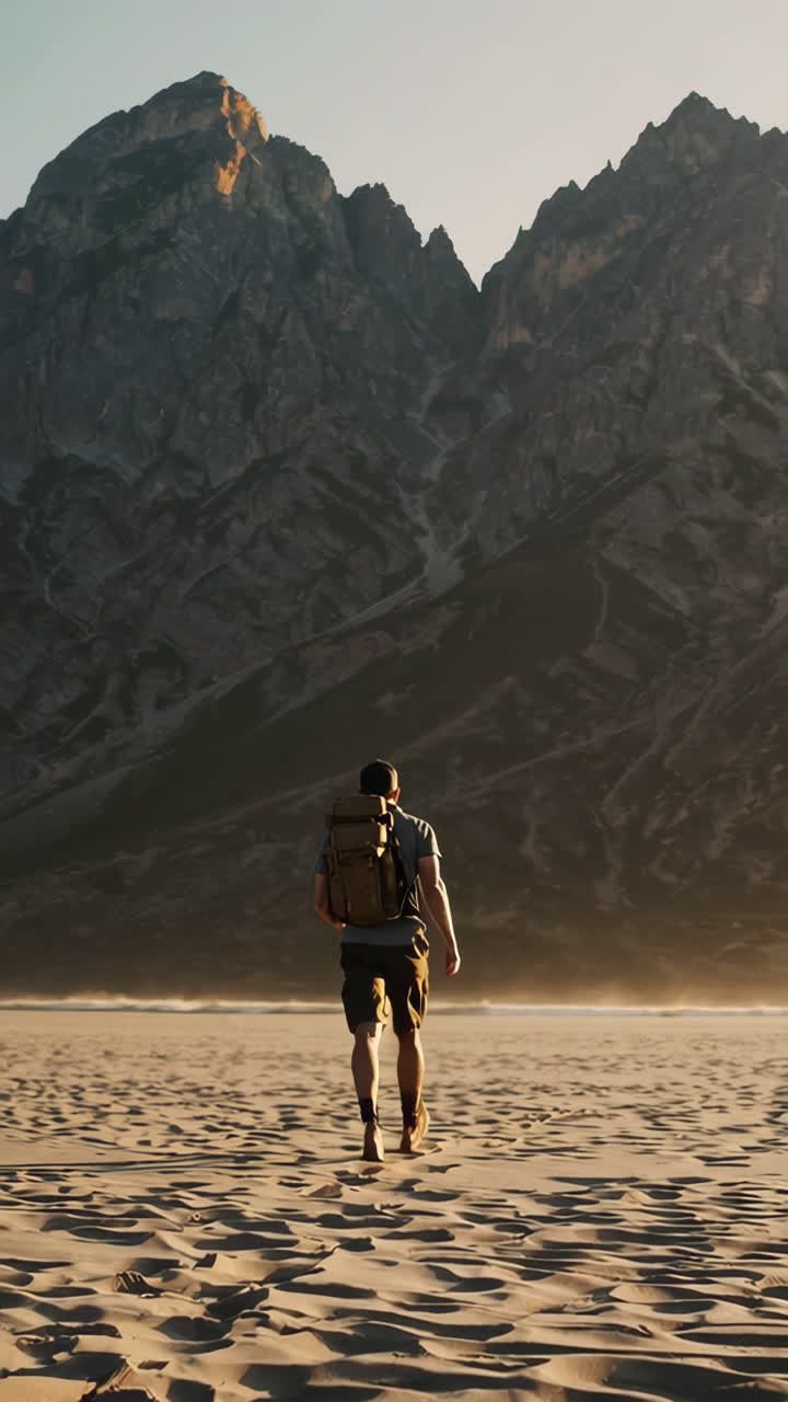 Hiker walking towards mountains across a vast sandy landscape