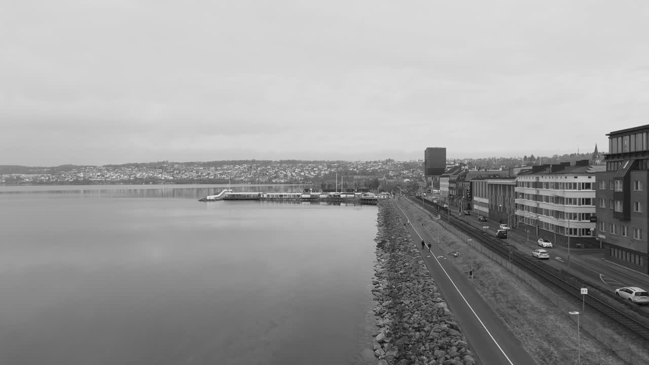 Black and white drone video capturing the serene Lake Zurich waterfront in Horgen, Switzerland. Aerial footage reveals the tranquil lake alongside a stone-lined promenade with urban views, no people