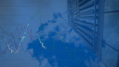 animación del procesamiento de datos frente a una vista de ángulo bajo de un edificio alto.