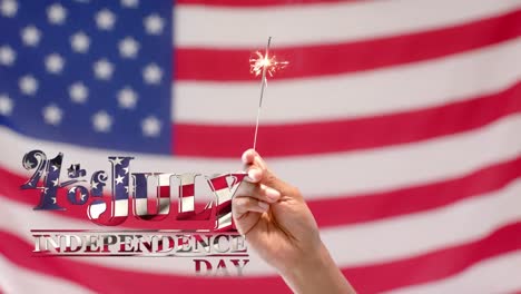 Animation-of-4th-of-july-text-over-flag-of-united-states-of-america-and-hand-with-sparkler