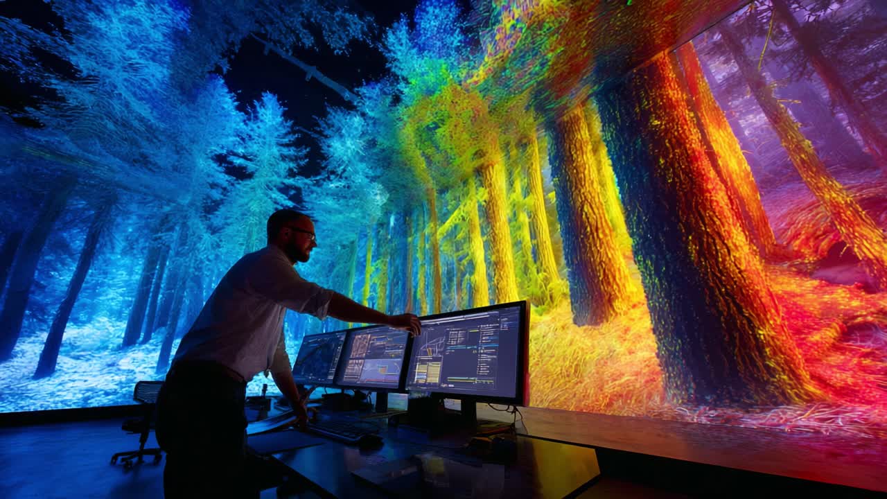 A data visualization expert engages with vibrant digital landscapes on multiple screens, showcasing animated forest simulations infused with radiant colors and immersive technology