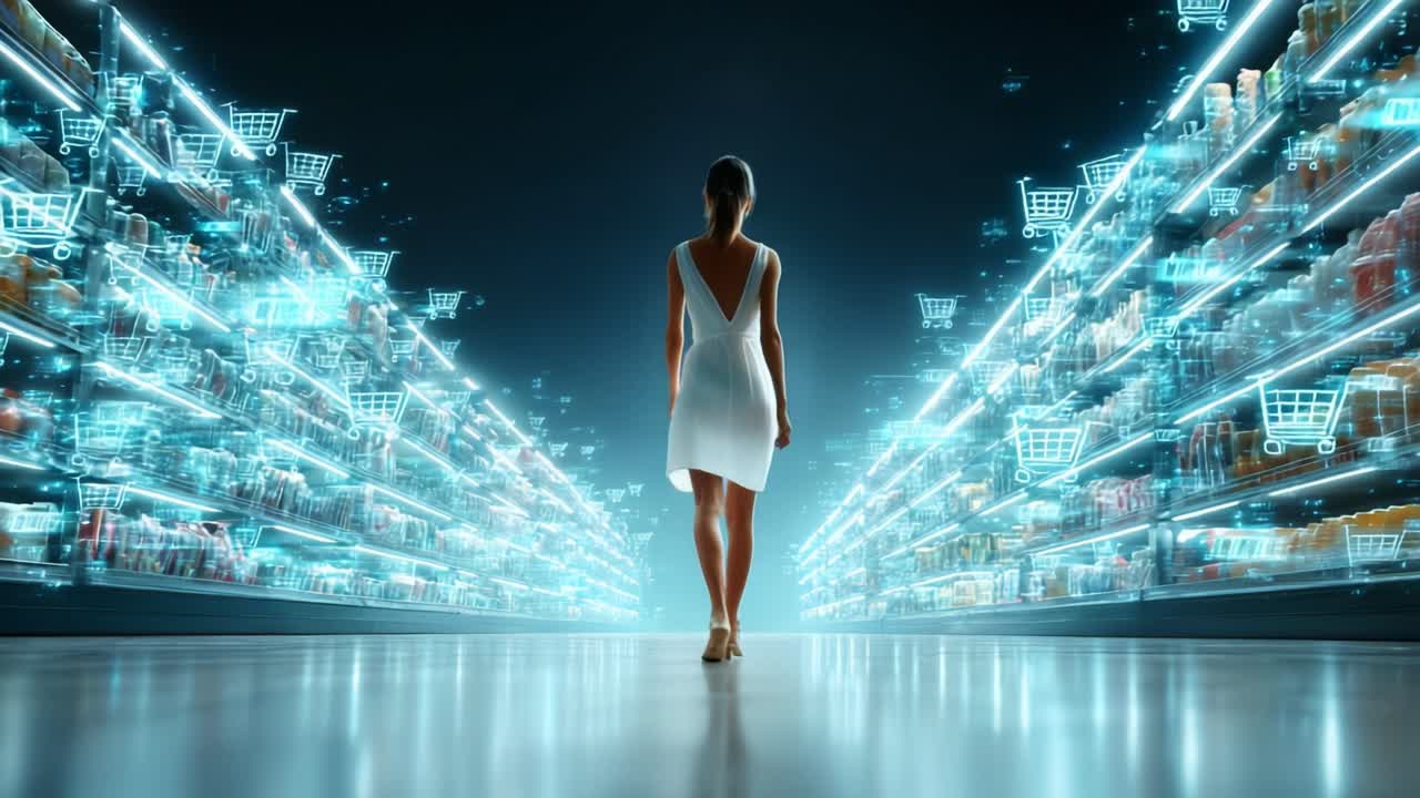 A Woman in a Digital Supermarket: Exploring an Innovative Retail Experience with High-Tech Features and Virtual Shopping Carts Illuminated in a Futuristic Aisle Environment