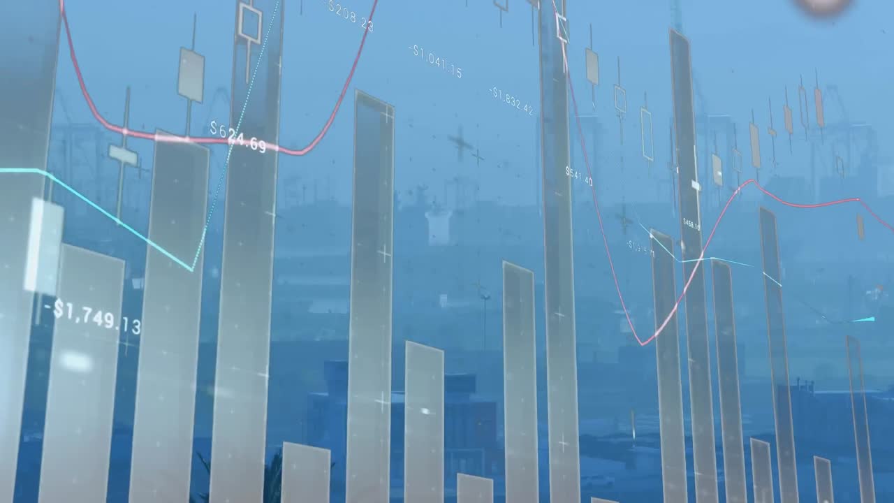 霧に覆われた現代の都市の背景に変化する数字のグラフのアニメーション