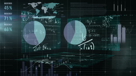 mathematical equations floating against statistical data processing against black background