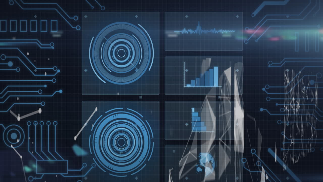 Animation of data processing with scope scanning on black background