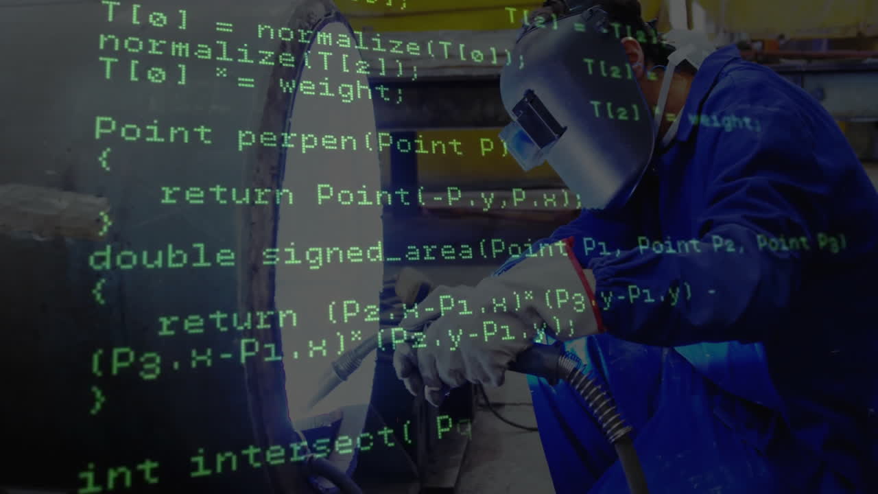 Manufacturing welder operating grinder inside workshop pipe, with faint green code overlay