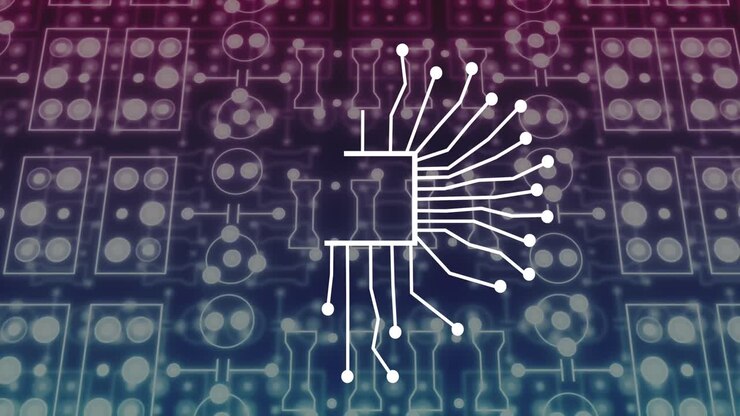 Animation of computer circuit board with ai data processing