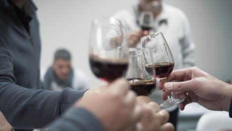 group of people clinking glasses of red wine while celebrating