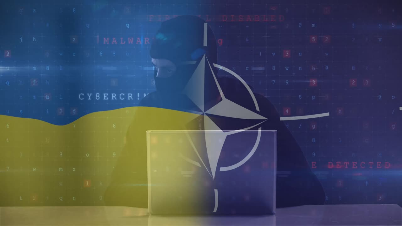 анимация кавказского мужского хакера над флагом нато и украины