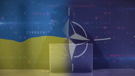 animación de un hacker caucásico sobre la bandera de la otan y ucrania