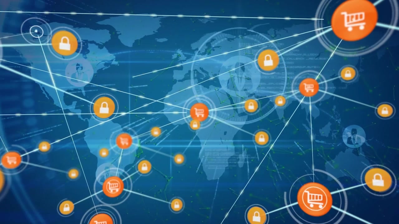 Video generato digitalmente che raffigura una mappa del mondo con una rete di connessioni