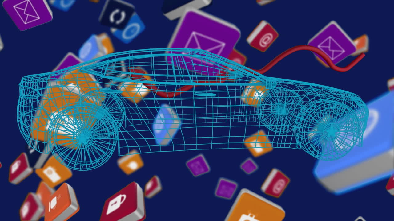 추상적인 배경에 대한 그리드 패턴 자동차에 대한 3d 아이콘의 애니메이션