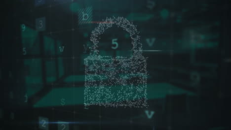 animación del procesamiento de datos de ciberseguridad y el icono del candado de seguridad contra un fondo verde.
