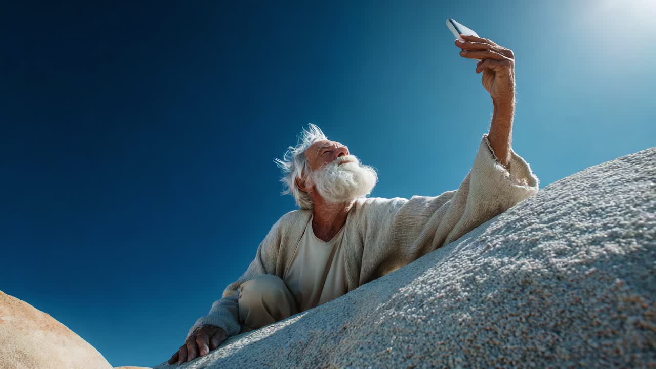 An elderly man gazes at his smartphone while sitting on a sandy hill, symbolizing the intersection of tradition and modern technology amidst a clear, vibrant sky
