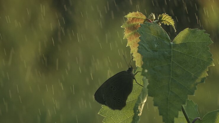 Schmetterling auf einem Blatt während eines Regenschauers