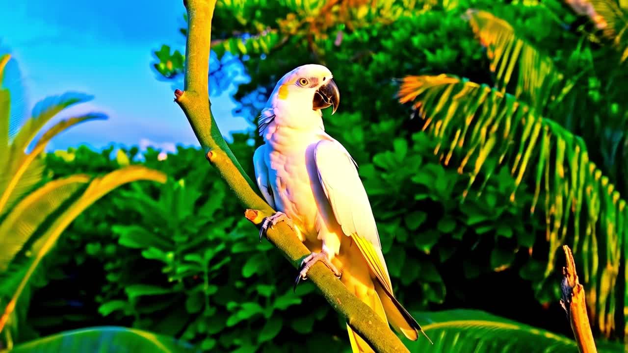 White Cockatoo Perched on a Branch in Tropical Setting