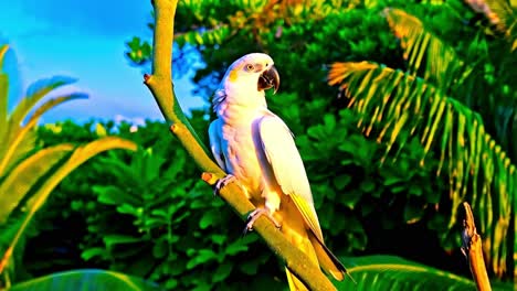 white cockatoo perched on a branch in tropical setting