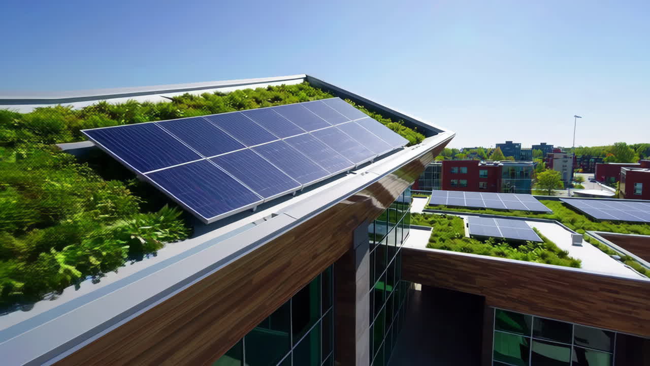 Modern Sustainable Building with Solar Panels and Green Roof | Premium ...