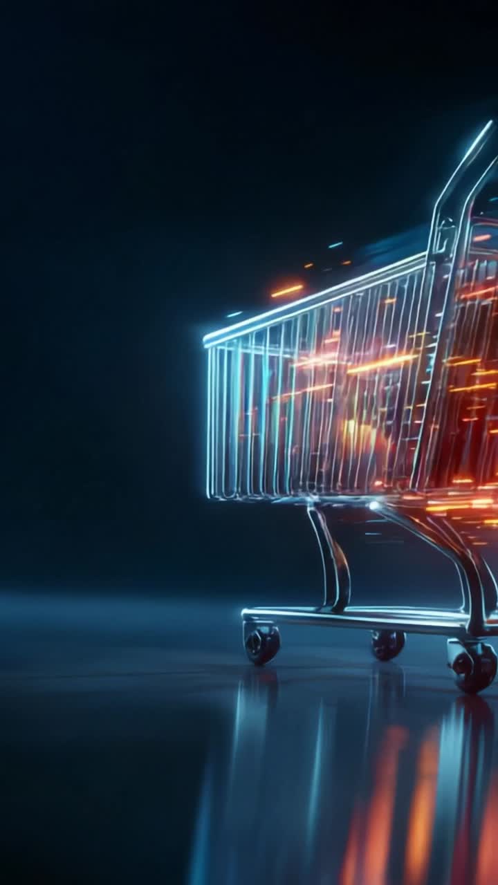 A futuristic shopping cart glows with vibrant neon lights, representing the evolution of retail and technology in a modern shopping experience