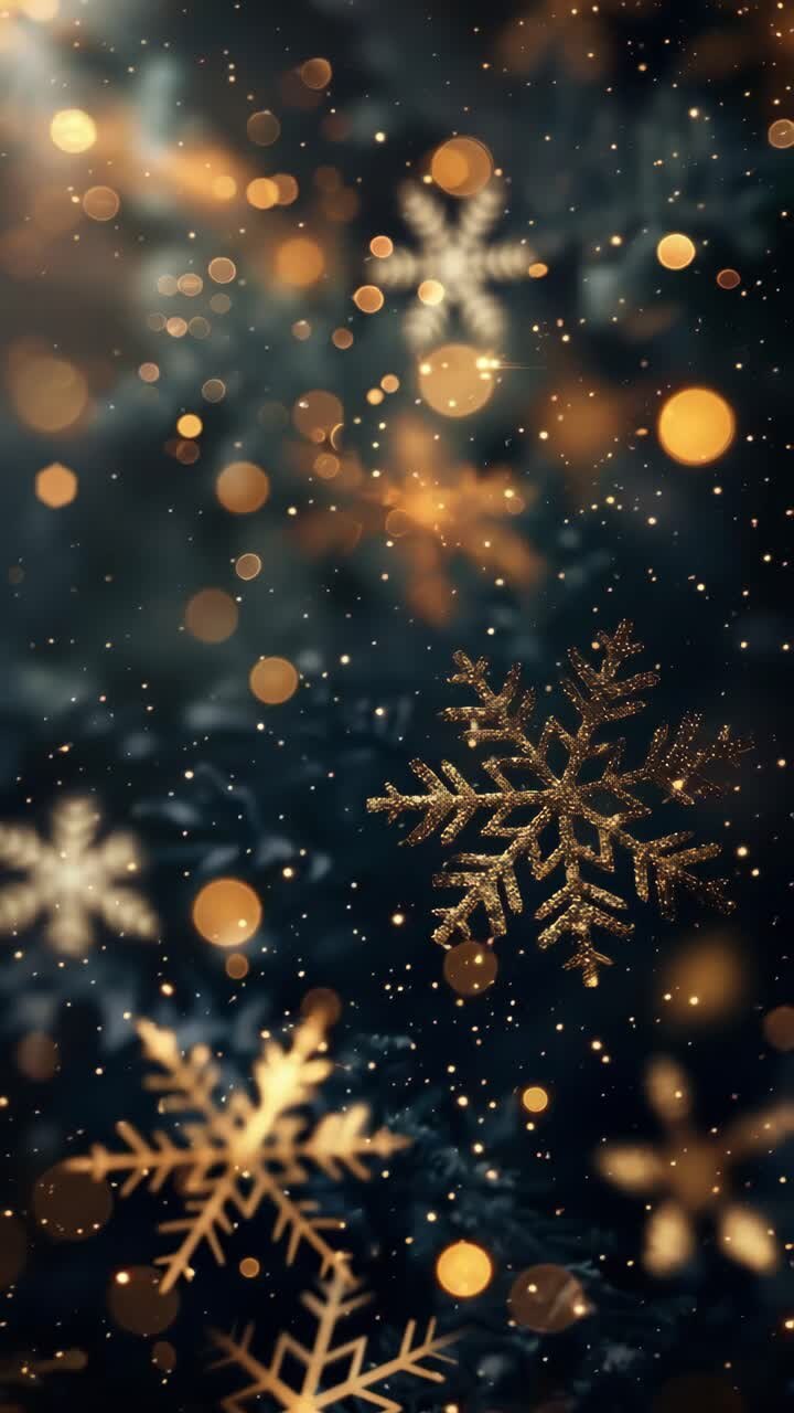 A magical, close-up video concept of golden snowflakes and bokeh lights, captured from a top-down