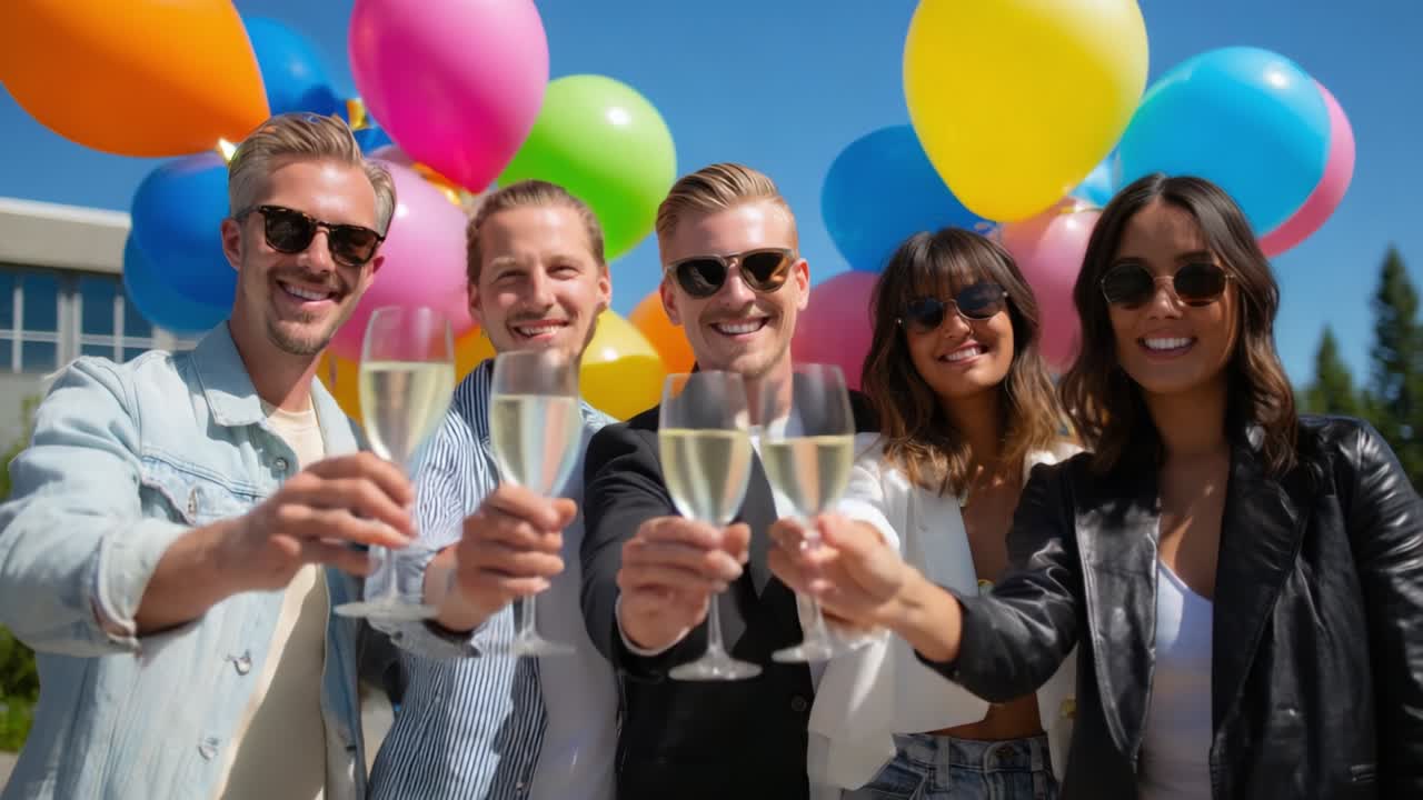 Celebration of Joy and Friendship: A Vibrant Group of Friends Raises Toasts with Sparkling Glasses Under a Colorful Array of Balloons on a Bright Sunny Day, Emphasizing the Spirit of Togetherness and Festivity