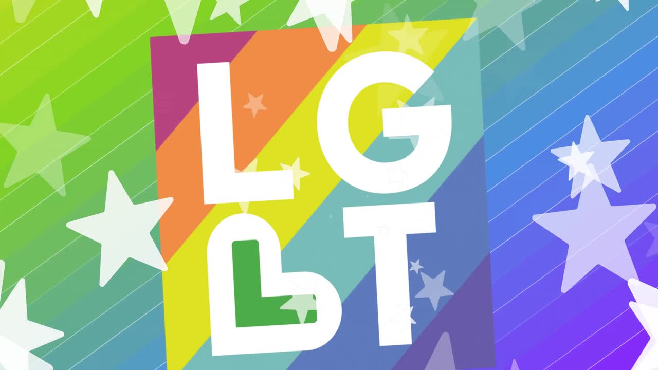 무지개 사각형에 있는 lgbt 텍스트와 무지개 배경에 움직이는 별들의 애니메이션