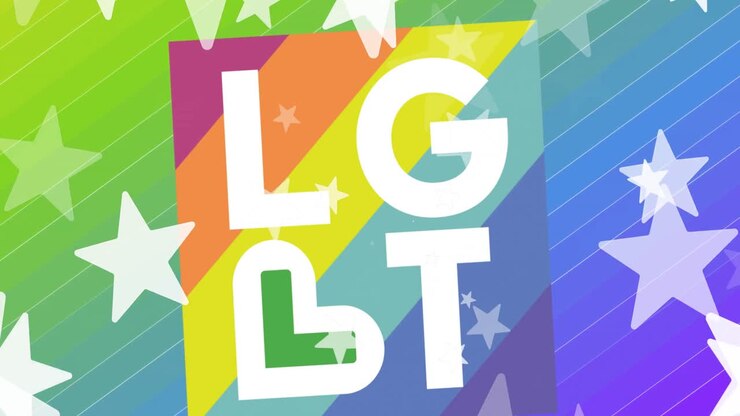 Animation of lgbt text on rainbow square and stars moving on rainbow background