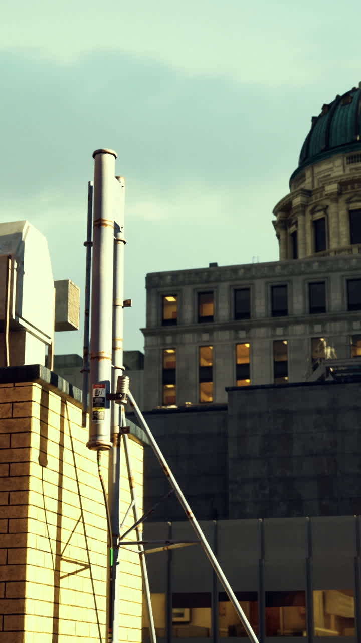 View of historic architecture and modern structures during golden hour