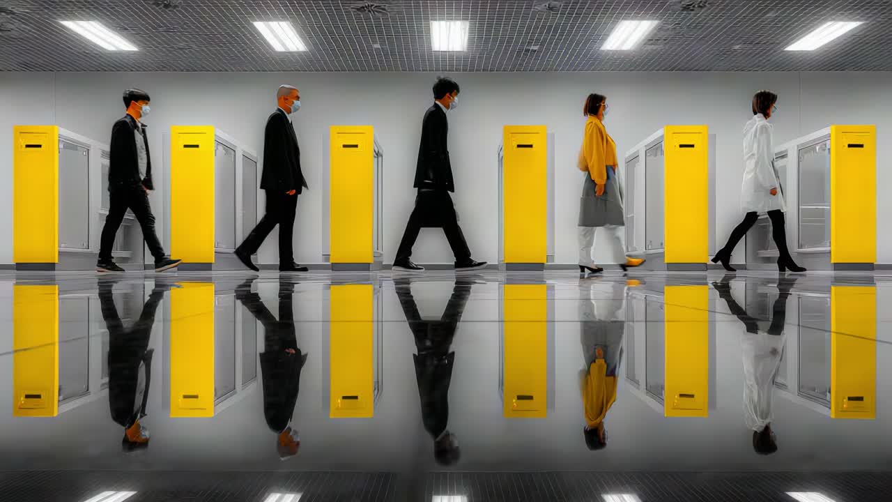 A Group of Individuals Walks in Synchrony Through a Modern, Minimalist Corridor Highlighted by Yellow Lockers, Reflecting on a Sleek, Shiny Floor, Capturing a Moment of Intent and Direction