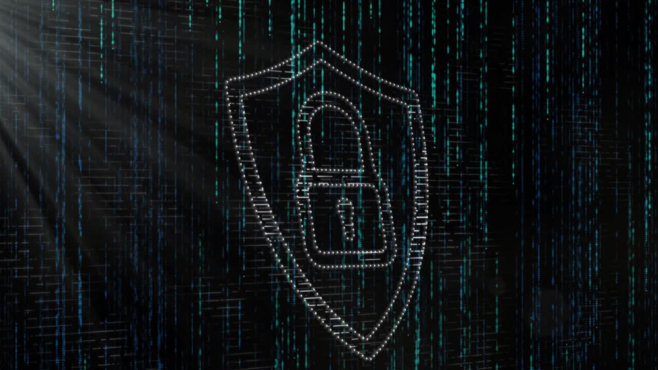 animazione dell'elaborazione dei dati e del lucchetto su sfondo nero