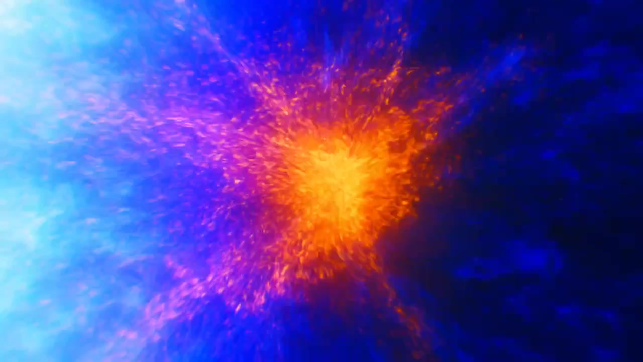 Brightening orange core releasing radial streaks into cosmic indigo field, mixing with cyan halo