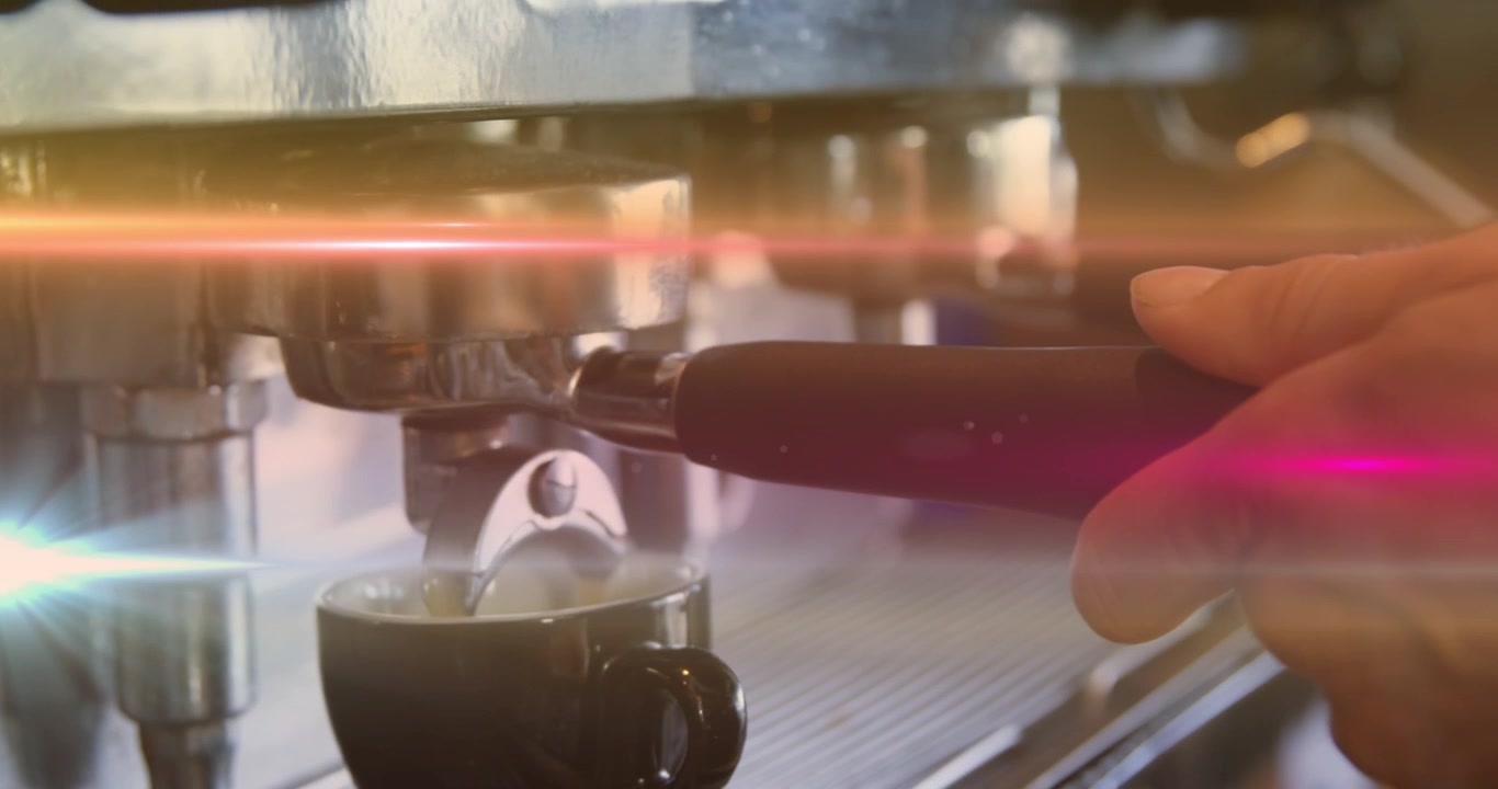 Animazione di punti luce su un uomo che usa una macchina da caffè