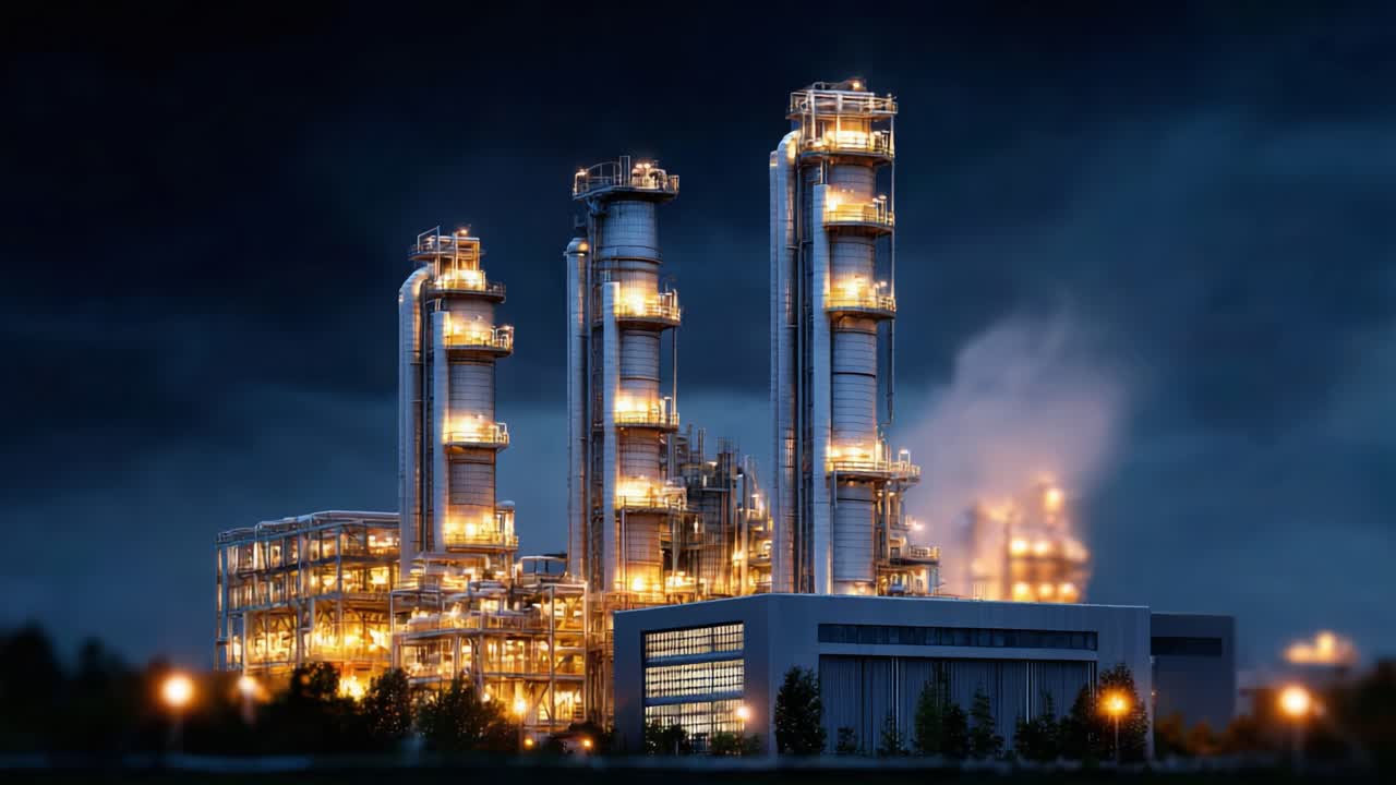 Illuminated Industrial Complex at Night Showcasing Modern Energy Production with Towering Structures and Intricate Design Against a Dark Sky