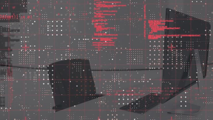 Animation of data processing and office over shapes