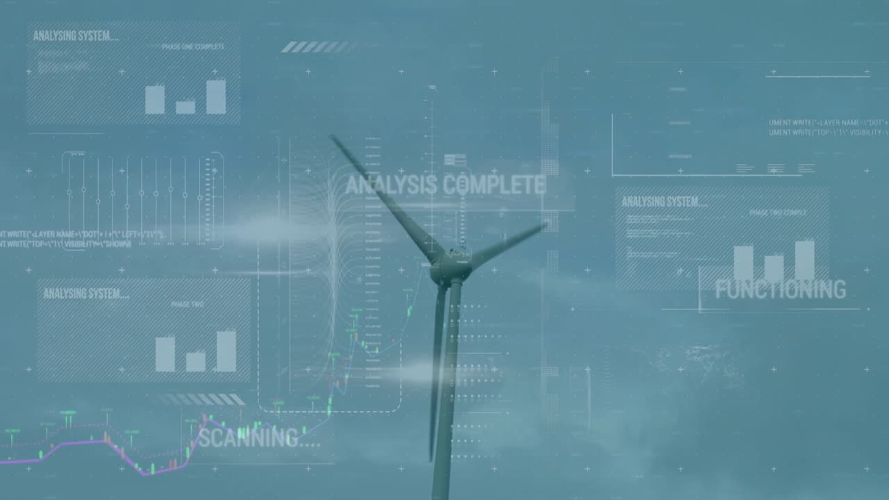 Animation of interface with data processing and light spot over spinning windmill against blue sky
