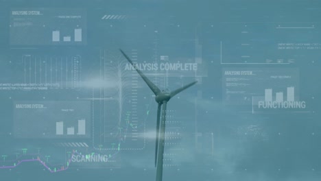 Animation-Der-Schnittstelle-Zur-Datenverarbeitung-Und-Lichtfleck-über-Einer-Sich-Drehenden-Windmühle-Vor-Blauem-Himmel