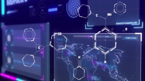 Animation-of-chemical-formula-over-data-processing-on-blue-background