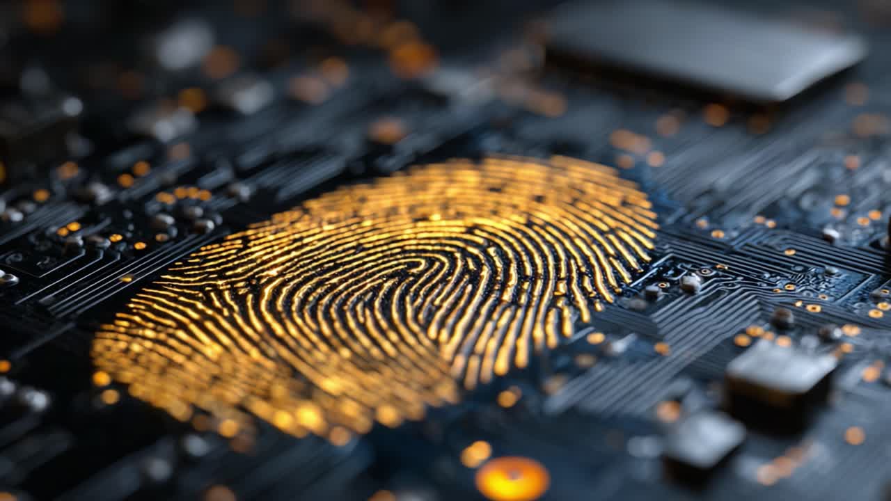 Intricate Details of a Circuit Board Featuring a Golden Fingerprint Design Symbolizing Identity and Technology Interconnectedness in Modern Digital Age