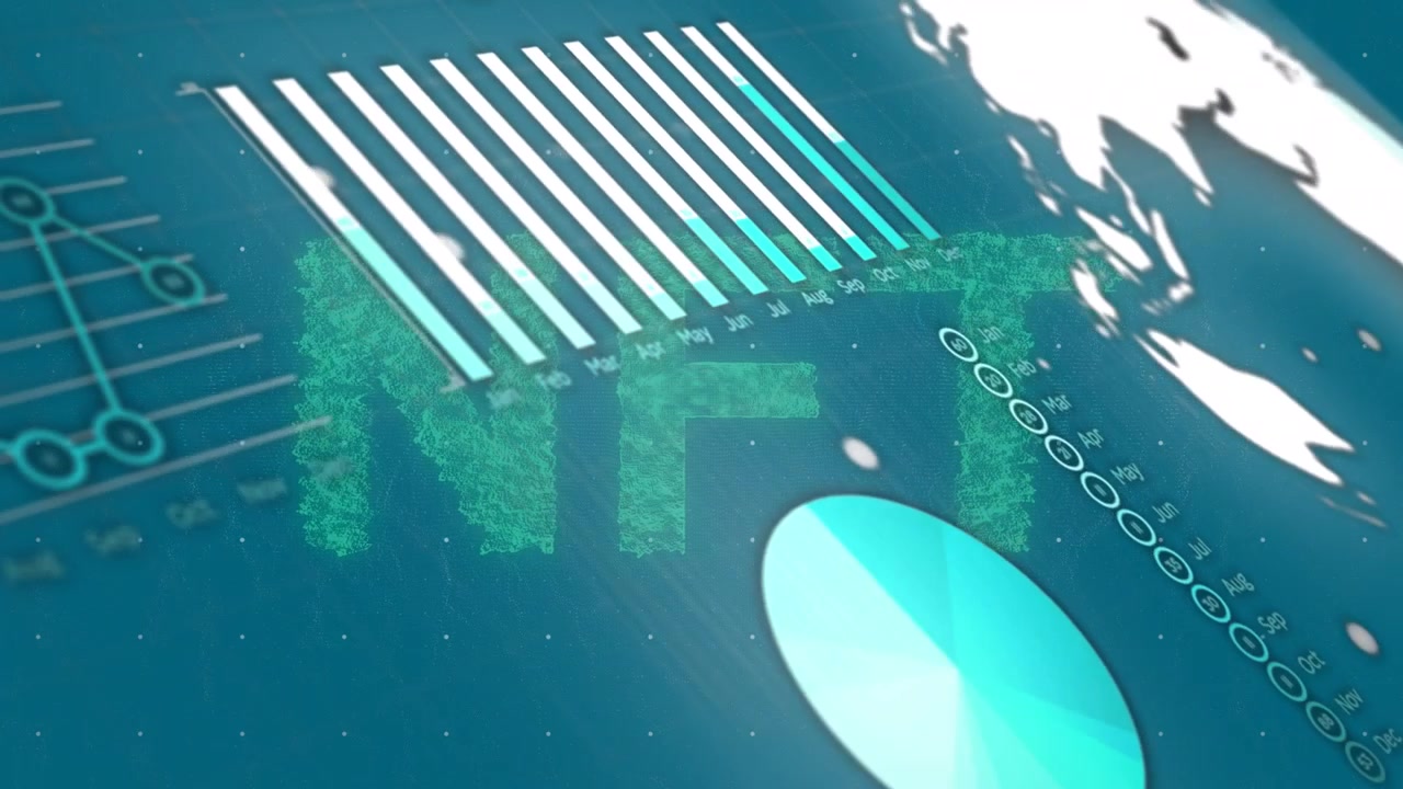 Animation af databehandling over NFT-tekst på blå baggrund.