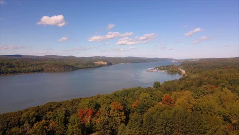 aerial video of the hudson river in early autumn near wappingers falls, new york and new hamburgh and poughkeepsie