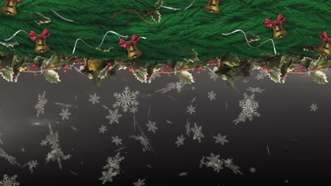 christmas holly wreath with snowflakes falling
