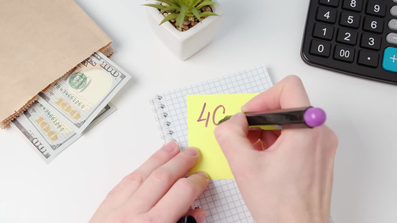 testo 401k sul blocco appunti con monete e tastiera sul tavolo, concetto di business.