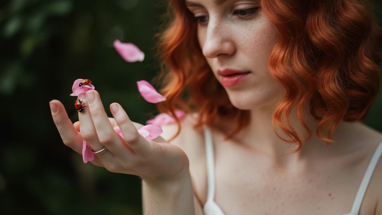 Un momento sereno catturato: una giovane donna con i capelli rossi che tiene con grazia petali di fiori nella mano mentre insetti si arrampicano giocosamente su di essi.