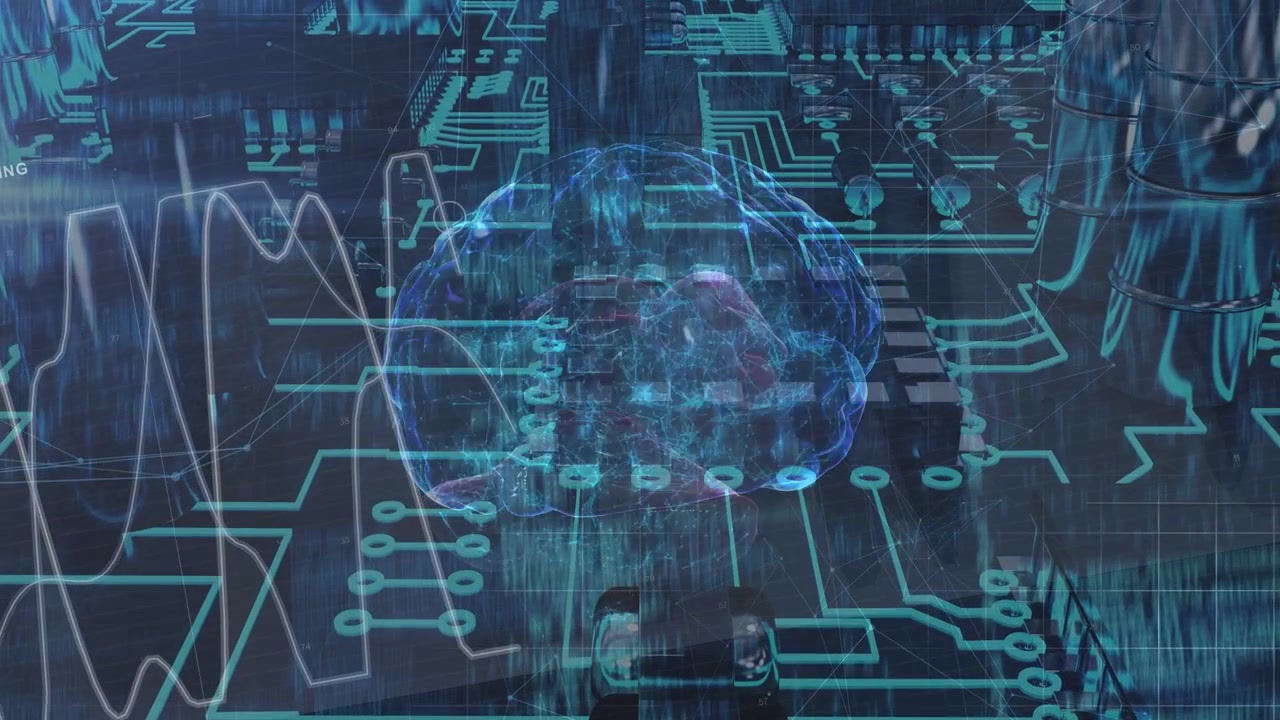 White waveform entering from left, holo brain pulsing, circuits lighting, mapping neural signals