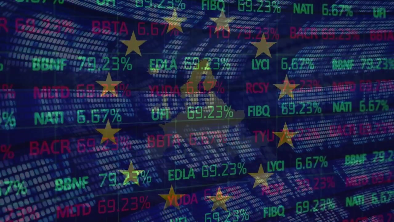 Animation of diverse financial data and graphs over european union flag