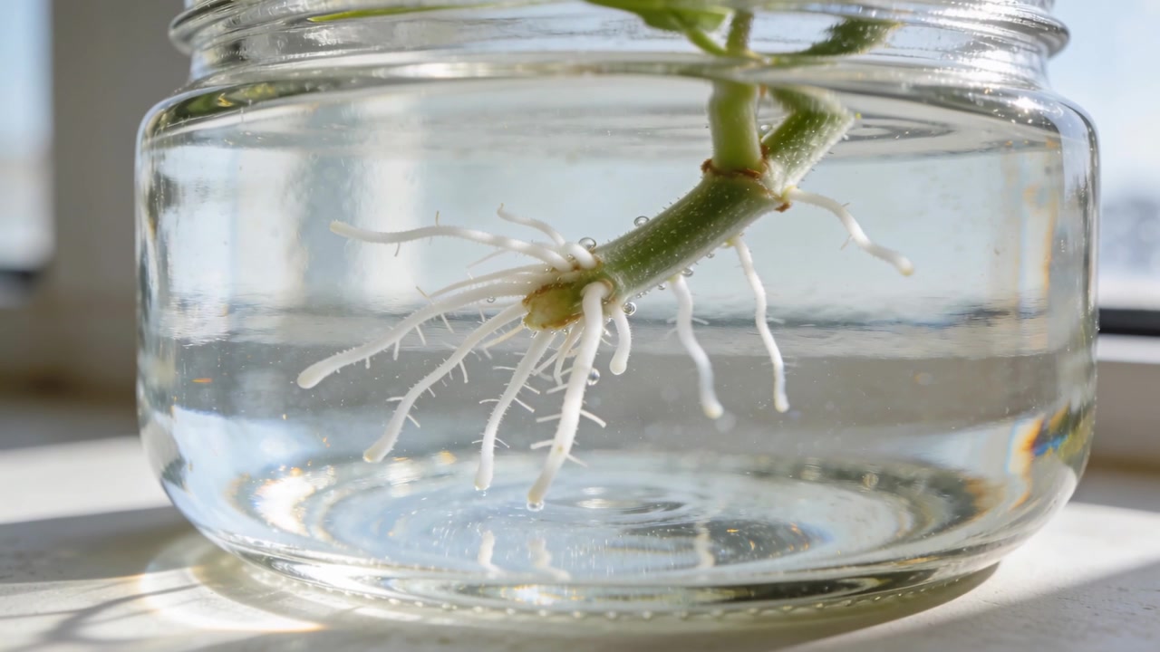 Showing cutting growing white root tips in glass jar on sill, water and daylight driving growth
