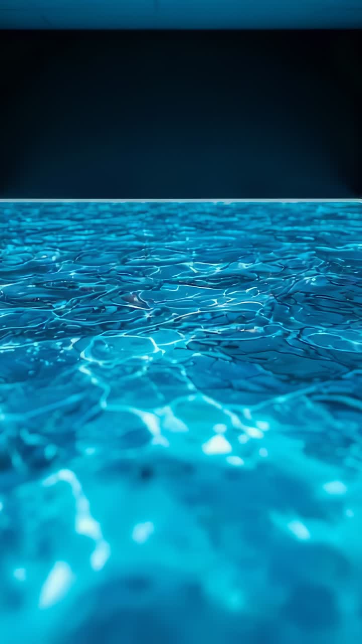 Video verticale: Acqua blu increspata in movimento con cambio di messa a fuoco sul set, luce caustica su fascia scura
