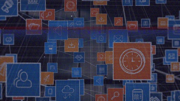 Animation of globe with connections, business icons and data processing