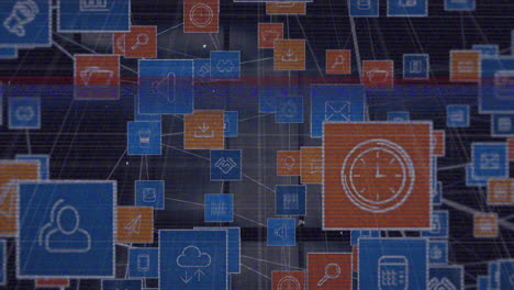 Animation of globe with connections, business icons and data processing